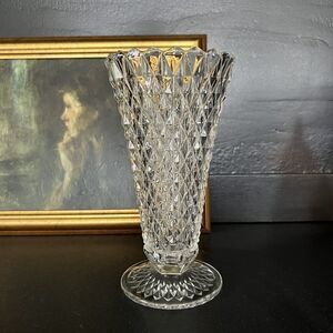 Vintage Indiana Glass Diamond Point Vase Clear 8” Footed Pressed